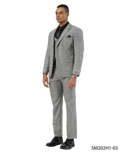 Stacy Adams Men's 3 Piece Hybrid Fit Suit - Subtle Windowpane Plaid Modern Fit