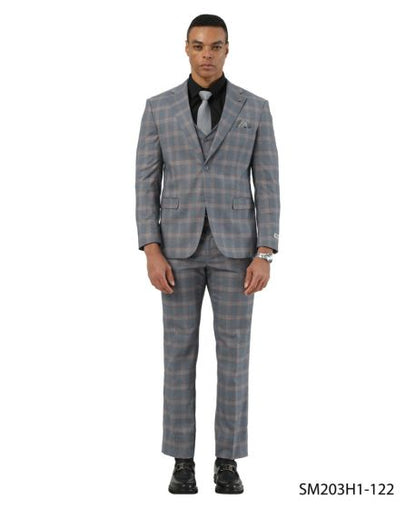 Stacy Adams Men's 3 Piece Hybrid Fit Suit - Plaid Pattern Modern Fit
