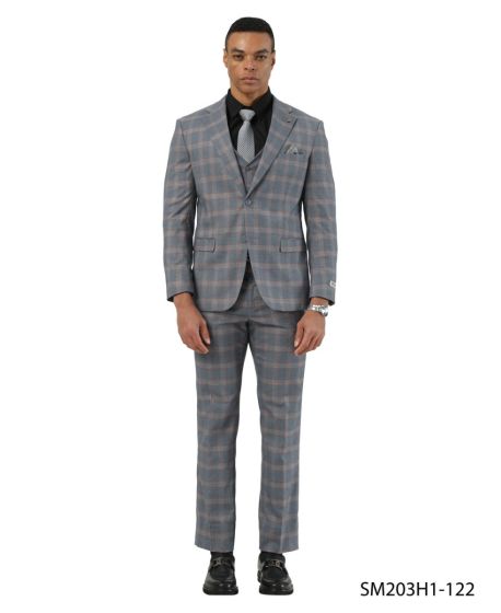 Stacy Adams Men's 3 Piece Hybrid Fit Suit - Plaid Pattern Modern Fit