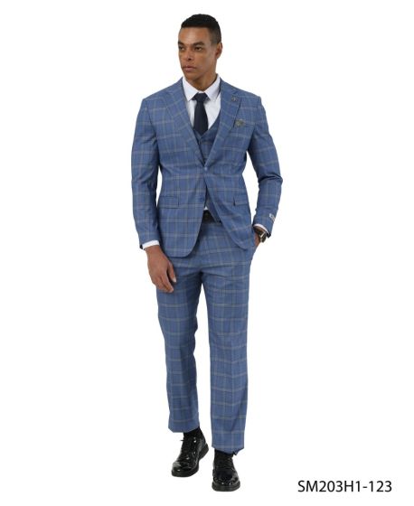 Stacy Adams Men's 3 Piece Hybrid Fit Suit - Plaid Pattern Modern Fit