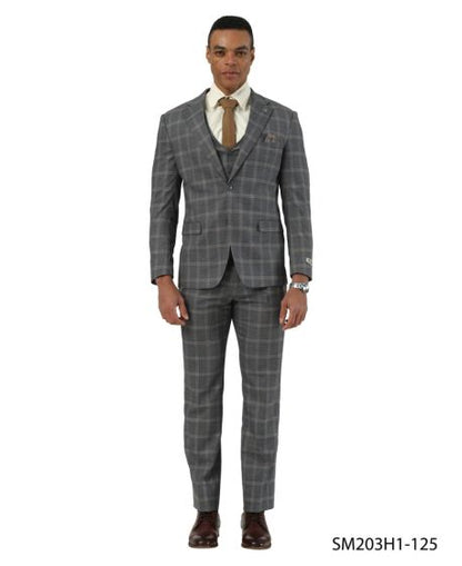 Stacy Adams Men's 3 Piece Hybrid Fit Suit - Plaid Pattern Modern Fit