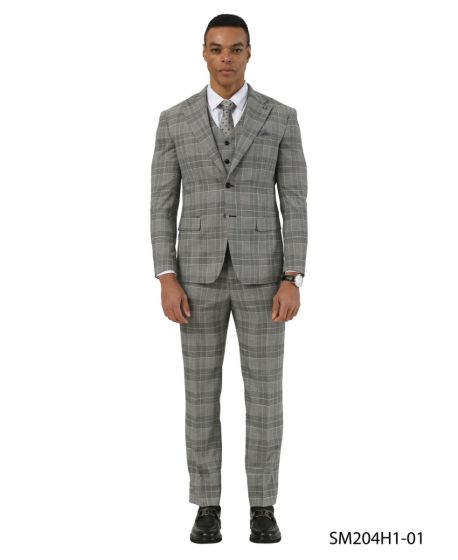Stacy Adams Men's 3 Piece Glen Plaid Suit - Hybrid Fit Modern Fit