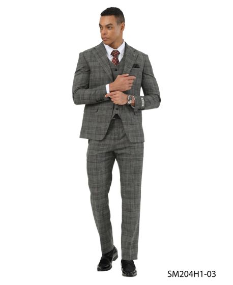 Stacy Adams Men's 3 Piece Glen Plaid Suit - Hybrid Fit Modern Fit