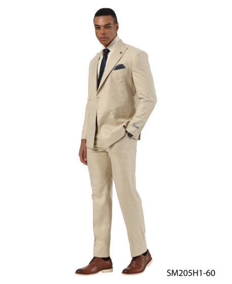 Stacy Adams Men's 2 Piece Windowpane Hybrid Fit Suit - Double Breasted Modern Fit