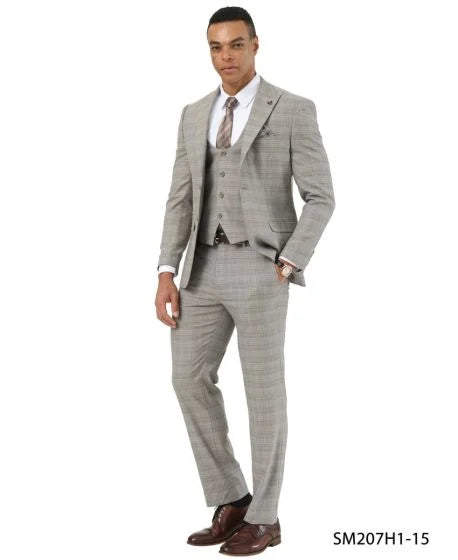 Stacy Adams Men's 3 Piece Hybrid Fit Suit - Textured Glen Check Modern Fit
