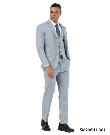Stacy Adams Men's 3 Piece Hybrid Fit Suit - Crosshatch Pattern Modern Fit