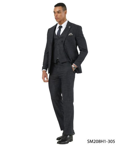 Stacy Adams Men's 3 Piece Hybrid Fit Suit - Crosshatch Pattern Modern Fit