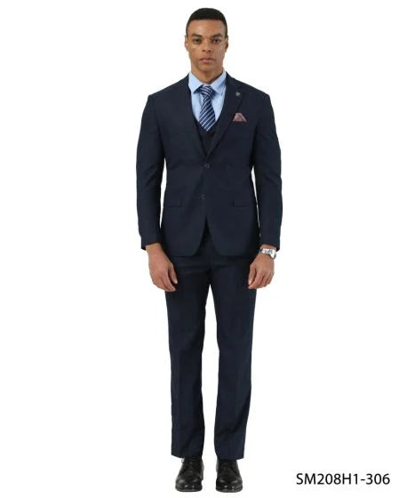 Stacy Adams Men's 3 Piece Hybrid Fit Suit - Crosshatch Pattern Modern Fit