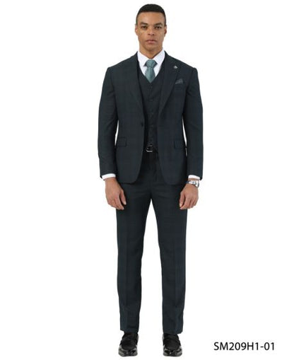 Stacy Adams Men's 3 Piece Hybrid Fit Suit - Subtle Glen Plaid Pattern Modern Fit
