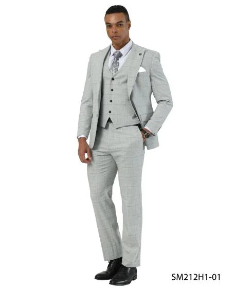 Stacy Adams Men's 3 Piece Hybrid Fit Suit - Crisp Windowpane Pattern Modern Fit