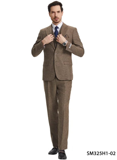 Stacy Adams Men's 3 Piece Hybrid Fit Suit - Herringbone Modern Fit