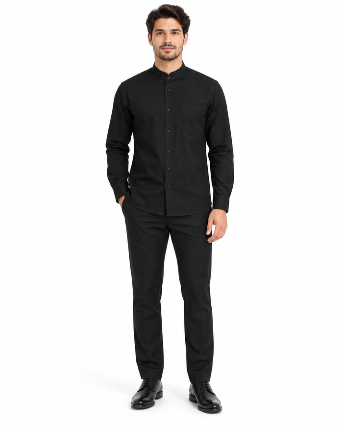 Solid Banded French Cuff Dress Mandarin Collarless Preacher Round Style Black Men's Dress Shirt