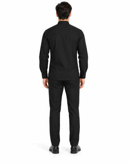 Solid Banded French Cuff Dress Mandarin Collarless Preacher Round Style Black Men's Dress Shirt