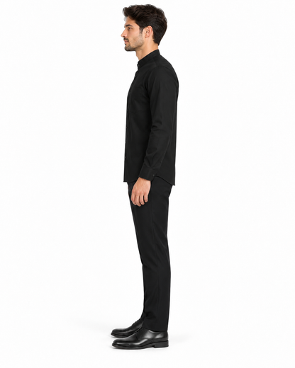 Solid Banded French Cuff Dress Mandarin Collarless Preacher Round Style Black Men's Dress Shirt