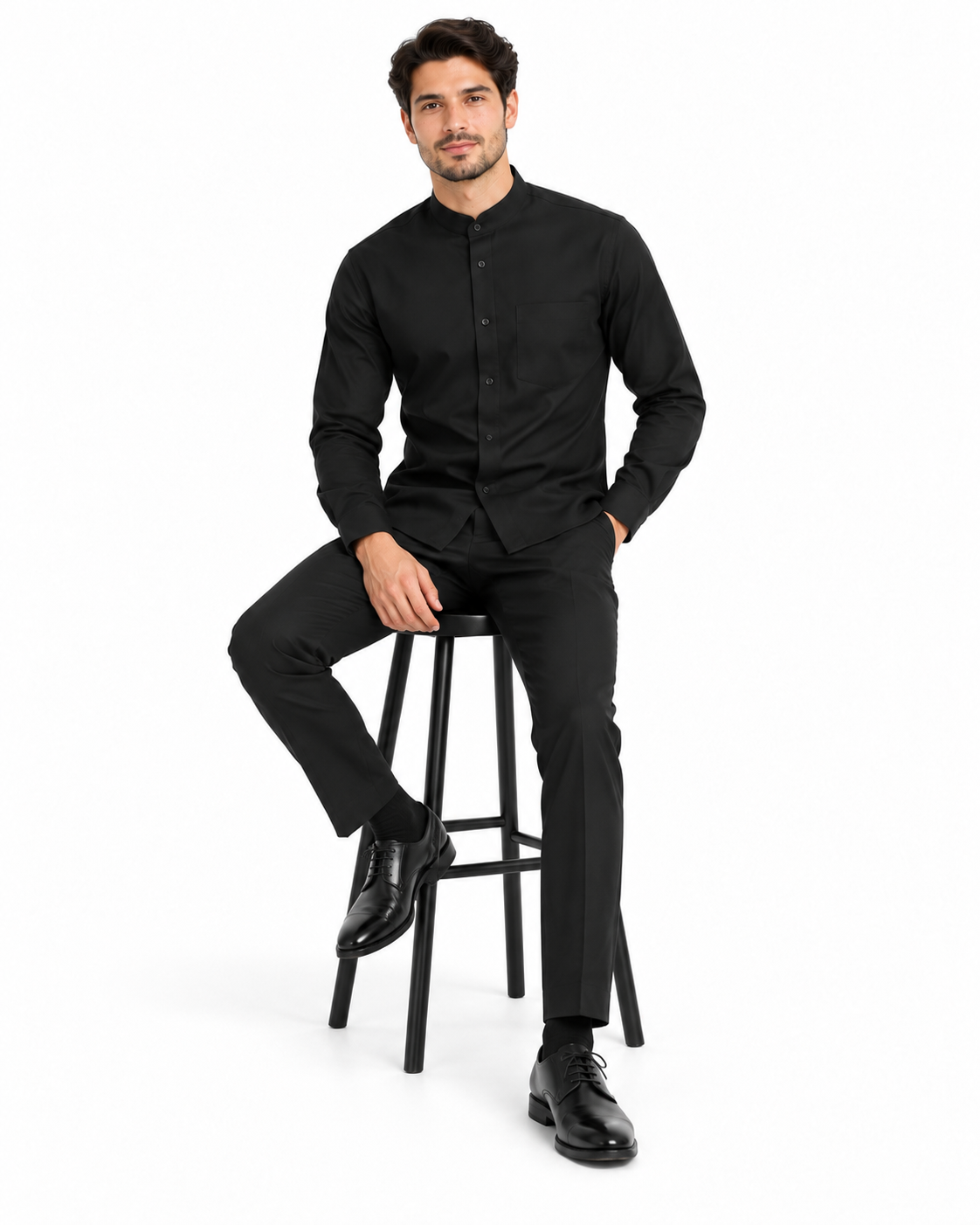 Solid Banded French Cuff Dress Mandarin Collarless Preacher Round Style Black Men's Dress Shirt