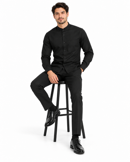 Solid Banded French Cuff Dress Mandarin Collarless Preacher Round Style Black Men's Dress Shirt