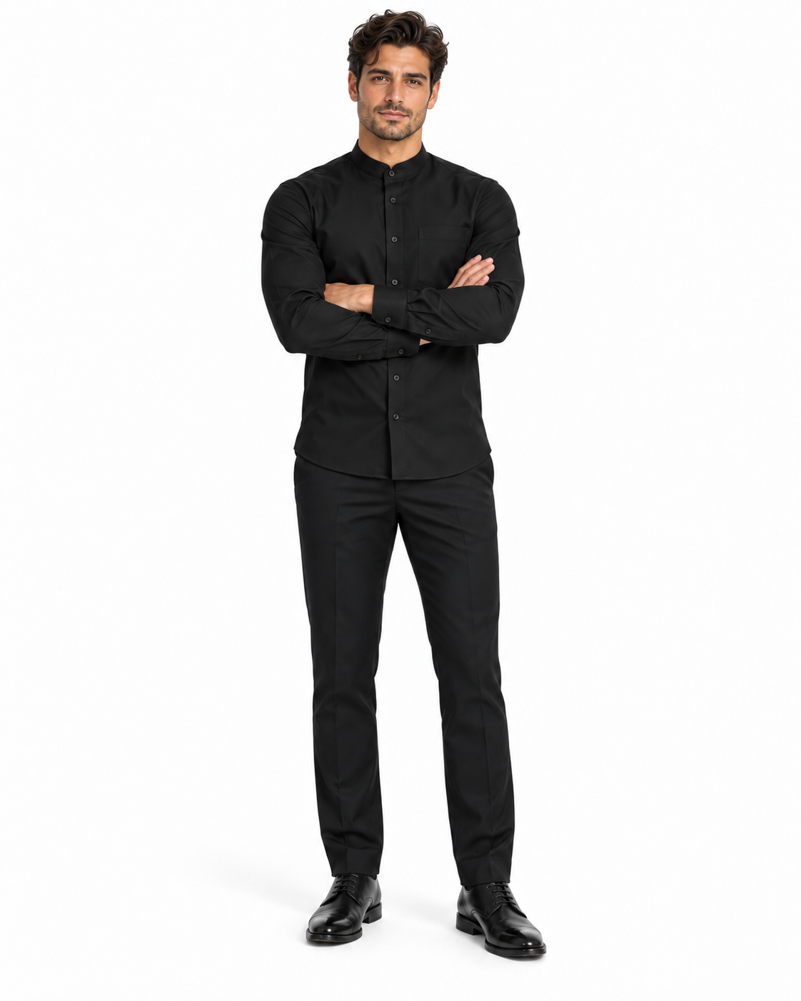 Solid Banded French Cuff Dress Mandarin Collarless Preacher Round Style Black Men's Dress Shirt