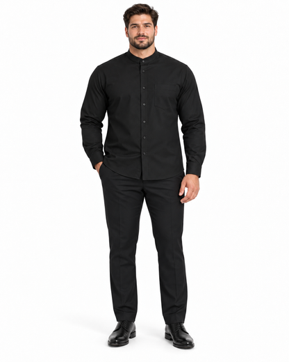 Solid Banded French Cuff Dress Mandarin Collarless Preacher Round Style Black Men's Dress Shirt