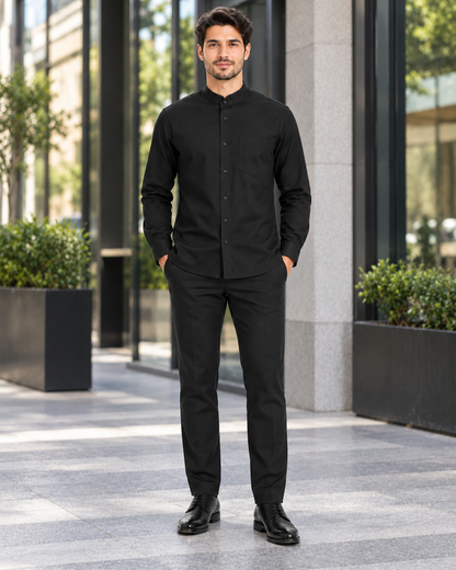 Solid Banded French Cuff Dress Mandarin Collarless Preacher Round Style Black Men's Dress Shirt