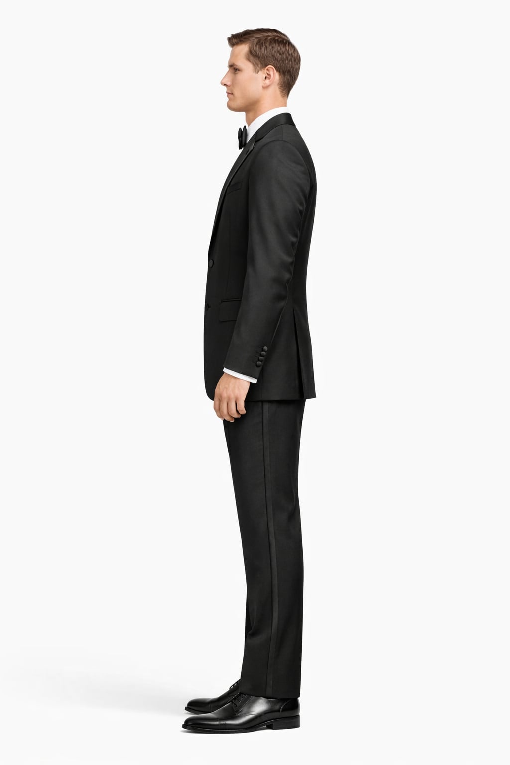 2 Button Solid Black Tuxedo With Black Trim No Pleated Pants Wool Suit - Image 3