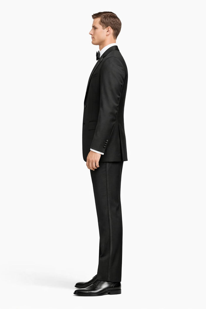 2 Button Solid Black Tuxedo With Black Trim No Pleated Pants Wool Suit - Image 3