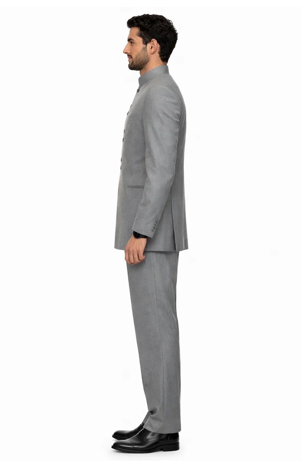 Solid Color Gray ~ Grey Mandarin Collar 2PC Men's Suit Banded No Collar Style