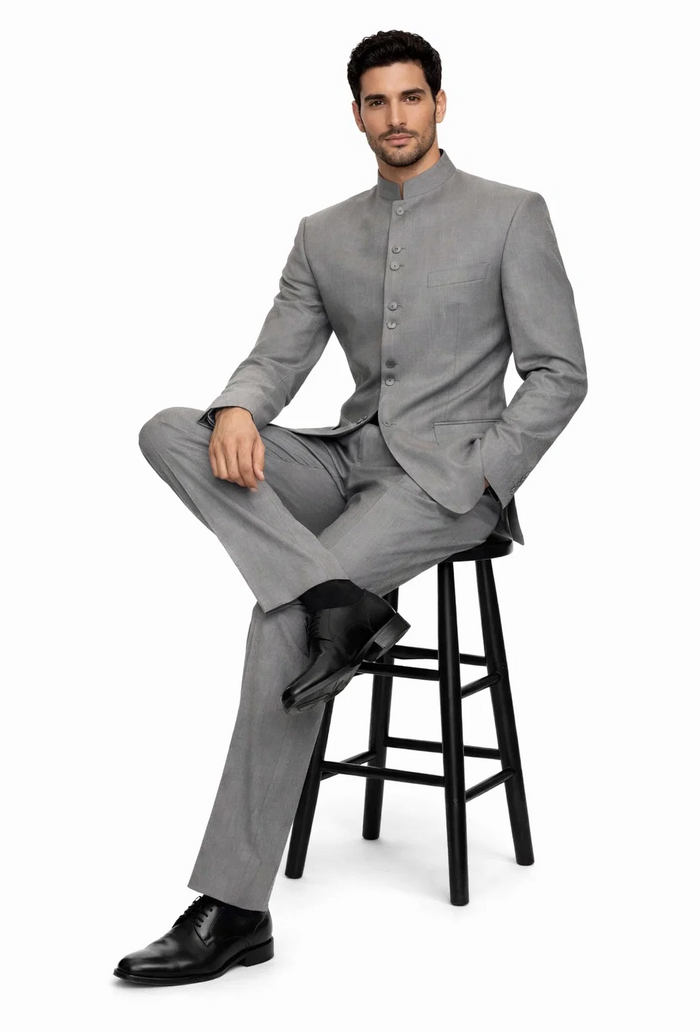Solid Color Gray ~ Grey Mandarin Collar 2PC Men's Suit Banded No Collar Style