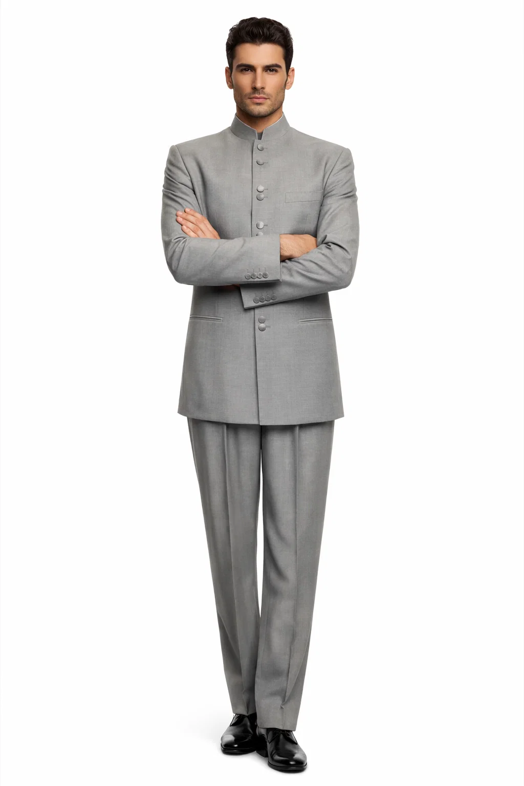 Solid Color Gray ~ Grey Mandarin Collar 2PC Men's Suit Banded No Collar Style