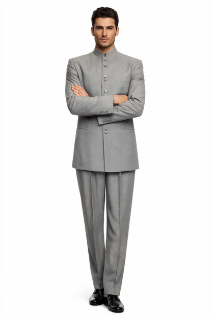 Solid Color Gray ~ Grey Mandarin Collar 2PC Men's Suit Banded No Collar Style