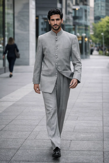 Solid Color Gray ~ Grey Mandarin Collar 2PC Men's Suit Banded No Collar Style