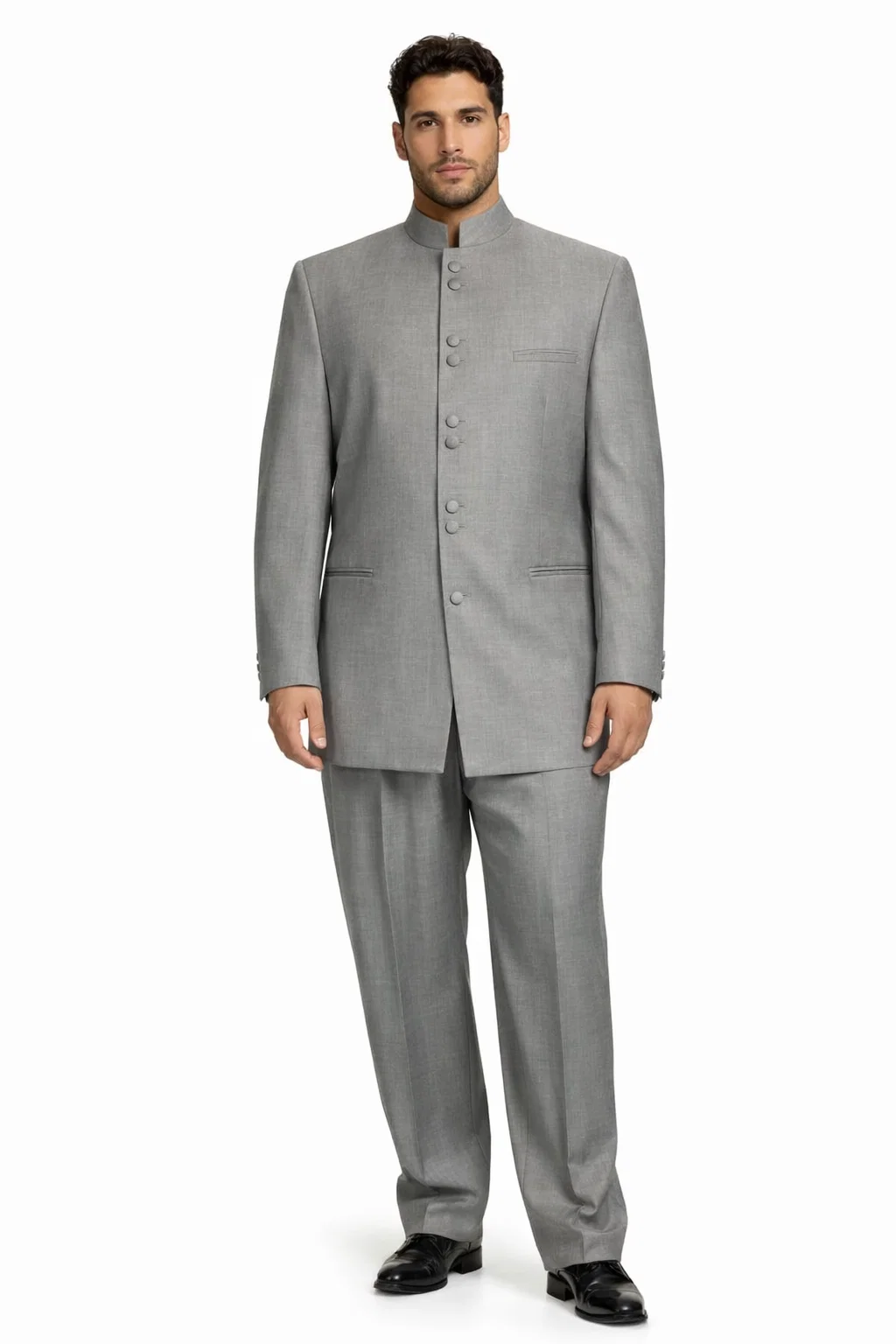 Solid Color Gray ~ Grey Mandarin Collar 2PC Men's Suit Banded No Collar Style