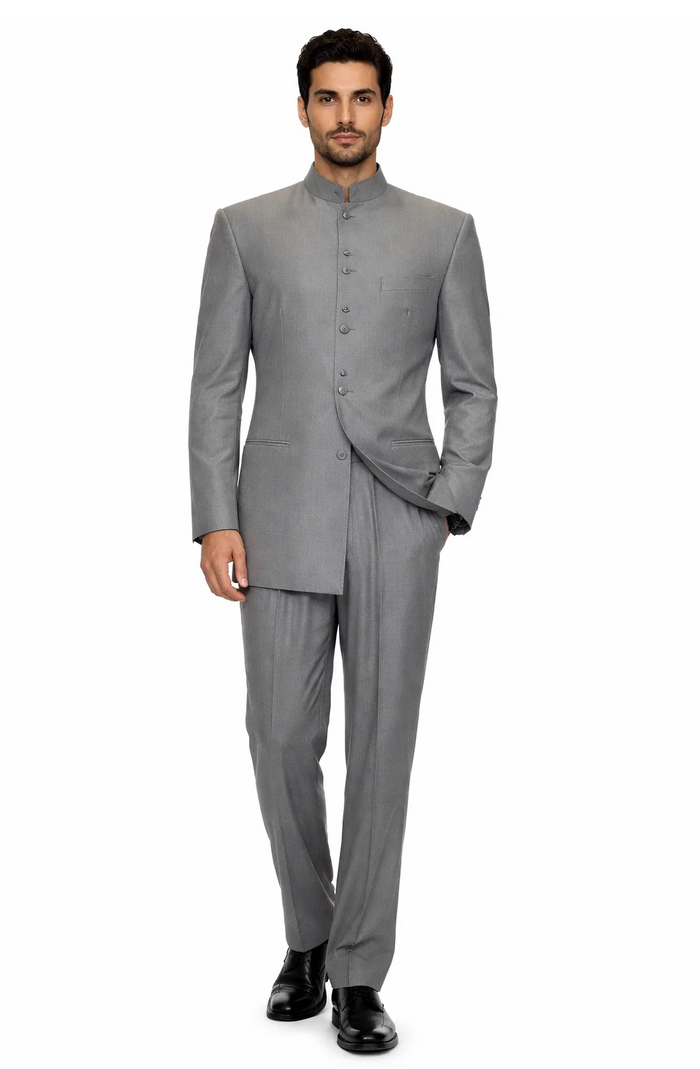 Solid Color Gray ~ Grey Mandarin Collar 2PC Men's Suit Banded No Collar Style