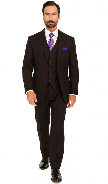 Solid Plum Eggplant Very Dark Purple W Hand-Pick Stitching Super 150'S Vested Suit - 100% Percent Wool Fabric Suit - Worsted Wool Business Suit
