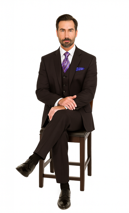 Solid Plum Eggplant Very Dark Purple W Hand-Pick Stitching Super 150'S Vested Suit - 100% Percent Wool Fabric Suit - Worsted Wool Business Suit