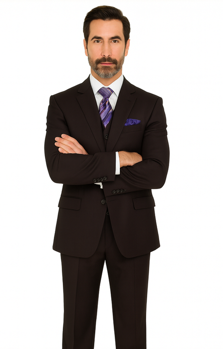 Solid Plum Eggplant Very Dark Purple W Hand-Pick Stitching Super 150'S Vested Suit - 100% Percent Wool Fabric Suit - Worsted Wool Business Suit
