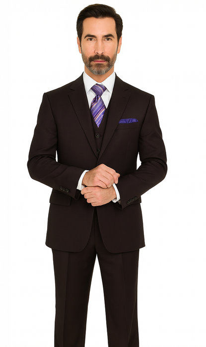 Solid Plum Eggplant Very Dark Purple W Hand-Pick Stitching Super 150'S Vested Suit - 100% Percent Wool Fabric Suit - Worsted Wool Business Suit