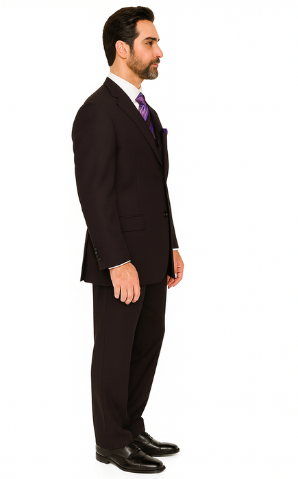 Solid Plum Eggplant Very Dark Purple W Hand-Pick Stitching Super 150'S Vested Suit - 100% Percent Wool Fabric Suit - Worsted Wool Business Suit