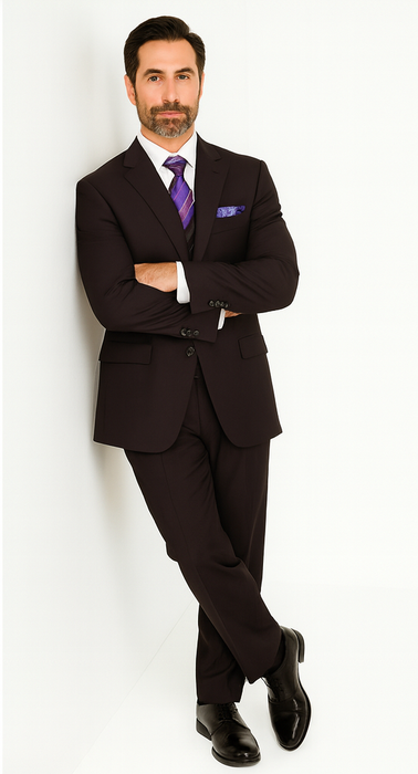 Solid Plum Eggplant Very Dark Purple W Hand-Pick Stitching Super 150'S Vested Suit - 100% Percent Wool Fabric Suit - Worsted Wool Business Suit
