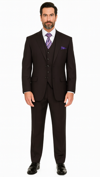 Solid Plum Eggplant Very Dark Purple W Hand-Pick Stitching Super 150'S Vested Suit - 100% Percent Wool Fabric Suit - Worsted Wool Business Suit