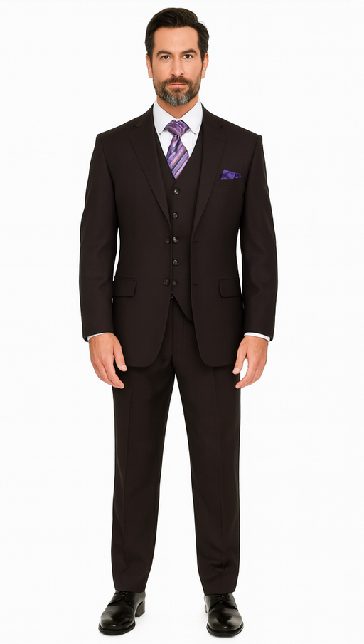 Solid Plum Eggplant Very Dark Purple W Hand-Pick Stitching Super 150'S Vested Suit - 100% Percent Wool Fabric Suit - Worsted Wool Business Suit