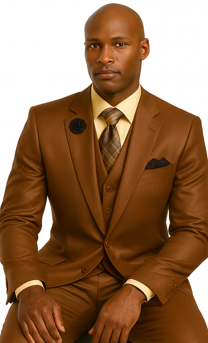 Solid Vested 3pc 2 Button Copper~Rust Suit  - Three Piece Suit
