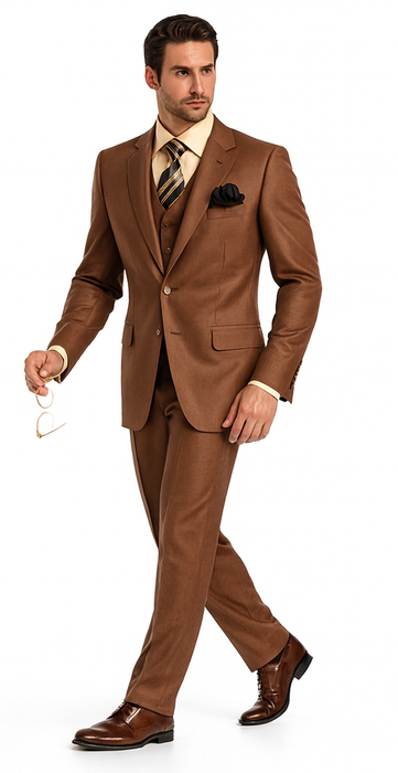 Solid Vested 3pc 2 Button Copper~Rust Suit  - Three Piece Suit