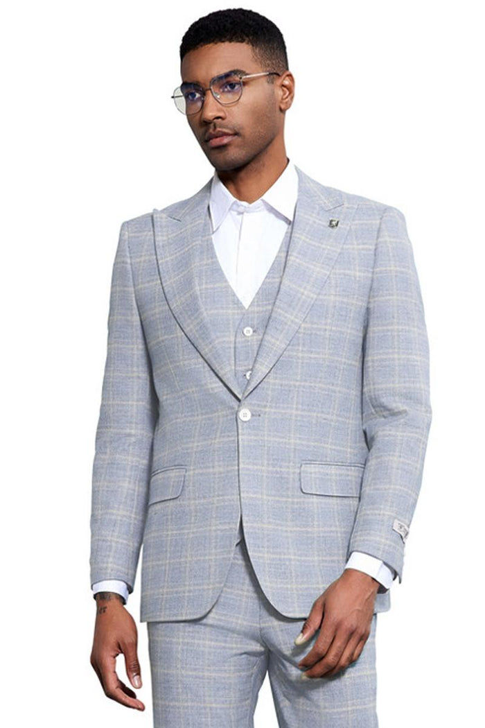 Men's Stacy Adams Vested Peak Lapel Baby Blue Plaid Prom & Wedding Suit - Image 2