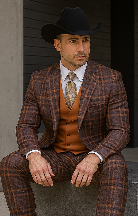 Statement Confidence Designer Suit - Copper - Orange - Super 150's Wool Suits 1 Button Peak Lapel Double Breasted Vest Rust Color Perfect For Church