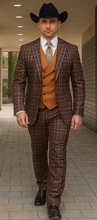 Statement Confidence Designer Suit - Copper - Orange - Super 150's Wool Suits 1 Button Peak Lapel Double Breasted Vest Rust Color Perfect For Church