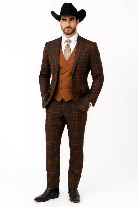 Statement Confidence Designer Suit - Copper - Orange - Super 150's Wool Suits 1 Button Peak Lapel Double Breasted Vest Rust Color Perfect For Church