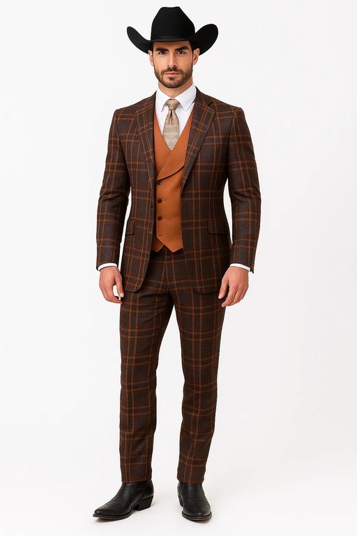 Statement Confidence Designer Suit - Copper - Orange - Super 150's Wool Suits 1 Button Peak Lapel Double Breasted Vest Rust Color Perfect For Church
