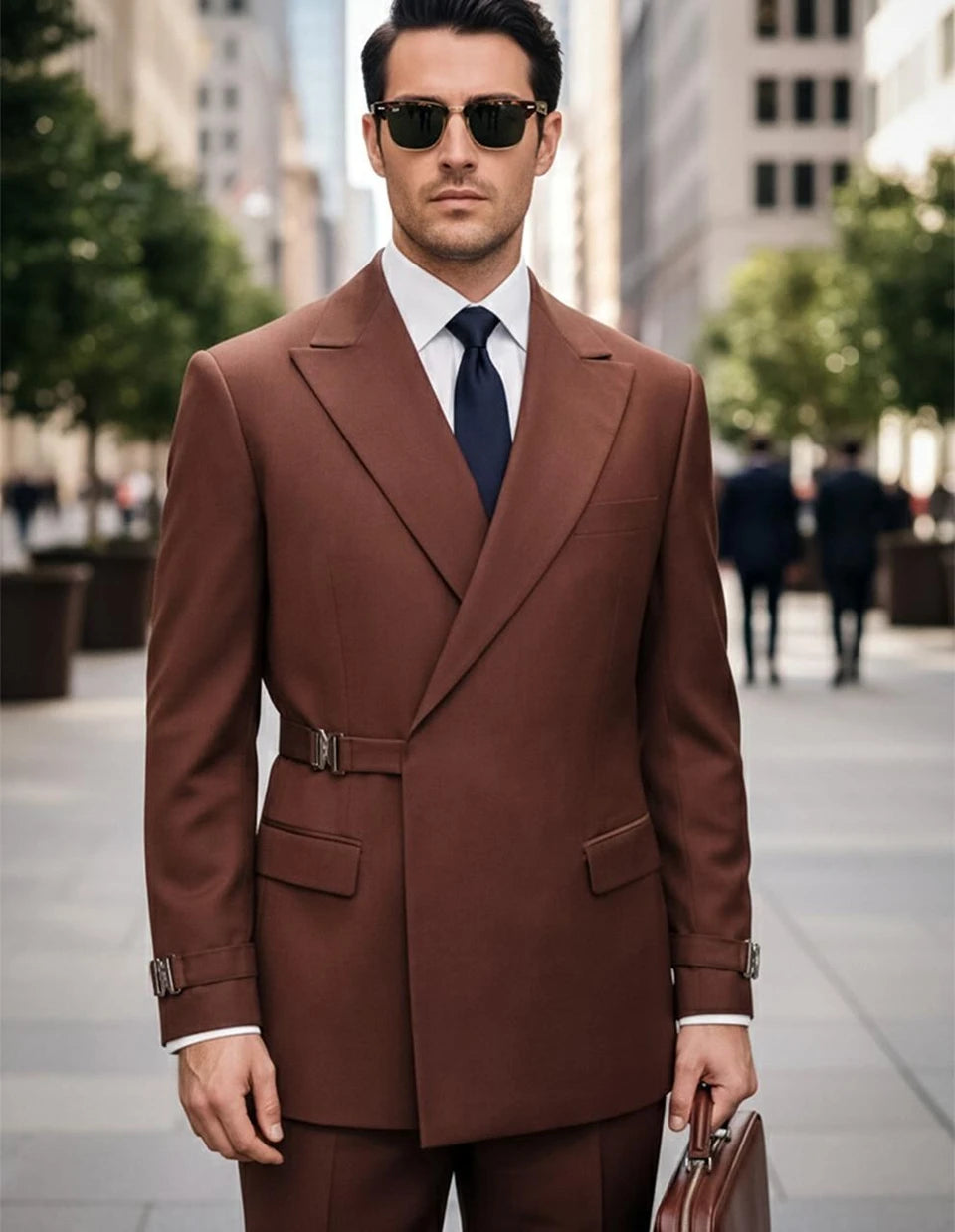 Men's Double Breasted Wool Suit with Metal Buckle Closure Modern Fit