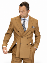 Statement Mens 2 Piece 100% Wool Modern Fit Double Breasted Suit - Front Vents in Camel