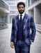 Statement Men's Big Plaid Wool Peak Lapel Modern Fit Suit 3 Piece Navy Venus